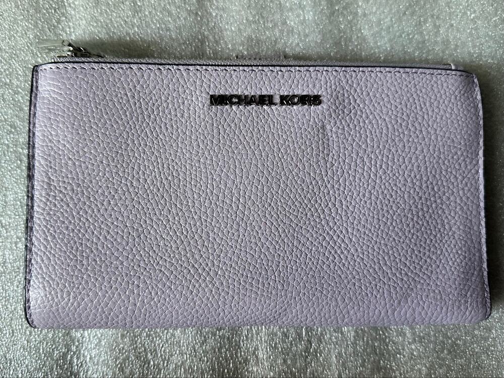 Michael Kors Jet Set Travel Large Double Zip Leather Wallet Lavender Pebbled